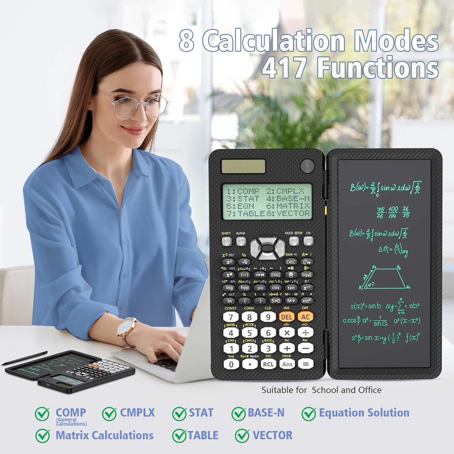 ROATEE Rechargeable 991ES MAX 417 Functions Scientific Calculator with Writing Pad(Black)
