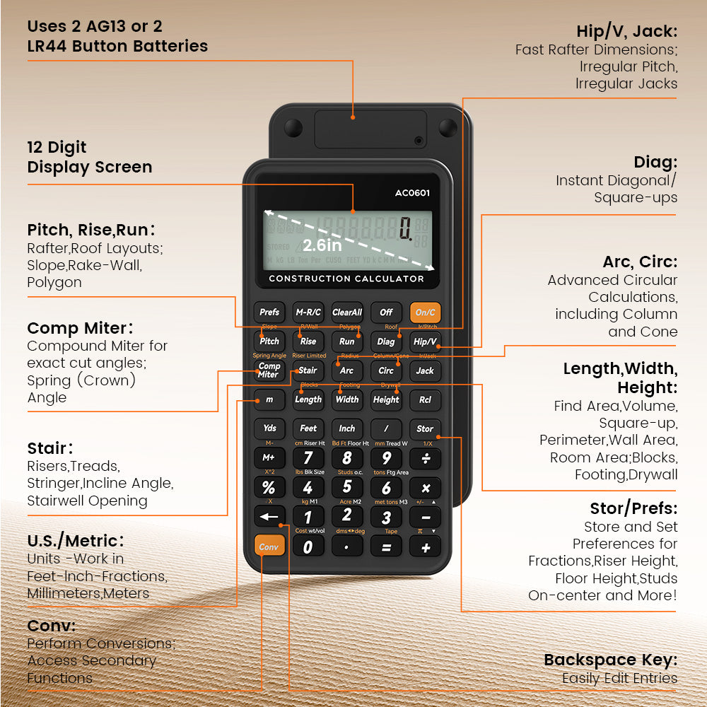 ROATEE Pocket 12 Digits Construction Calculator with Writing Board for Carpenter, Framer, Remodeler