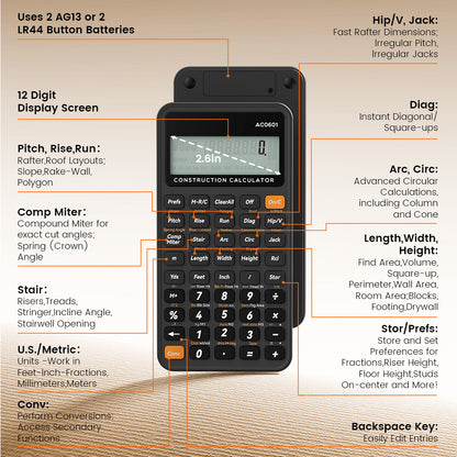 ROATEE Pocket 12 Digits Construction Calculator with Writing Board for Carpenter, Framer, Remodeler