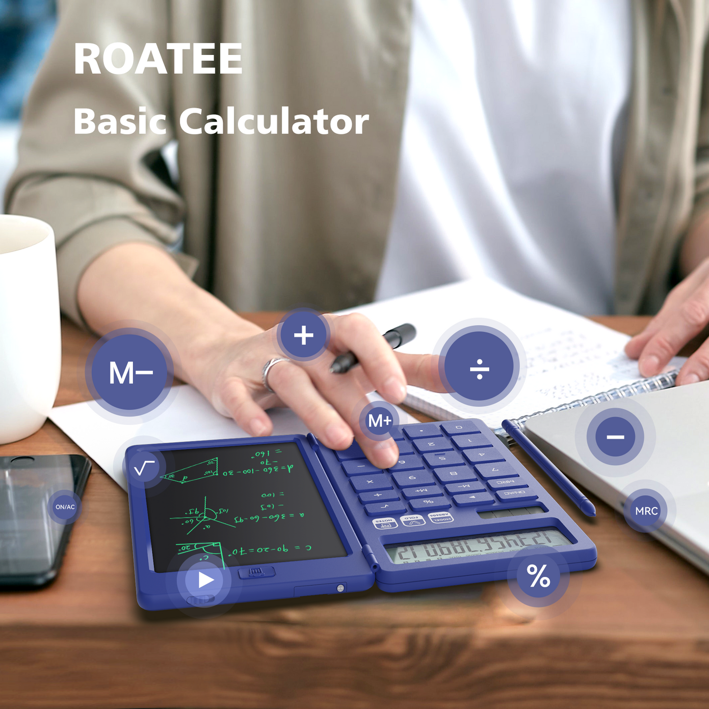 ROATEE Basic Calculator with Writing Board (Blue)