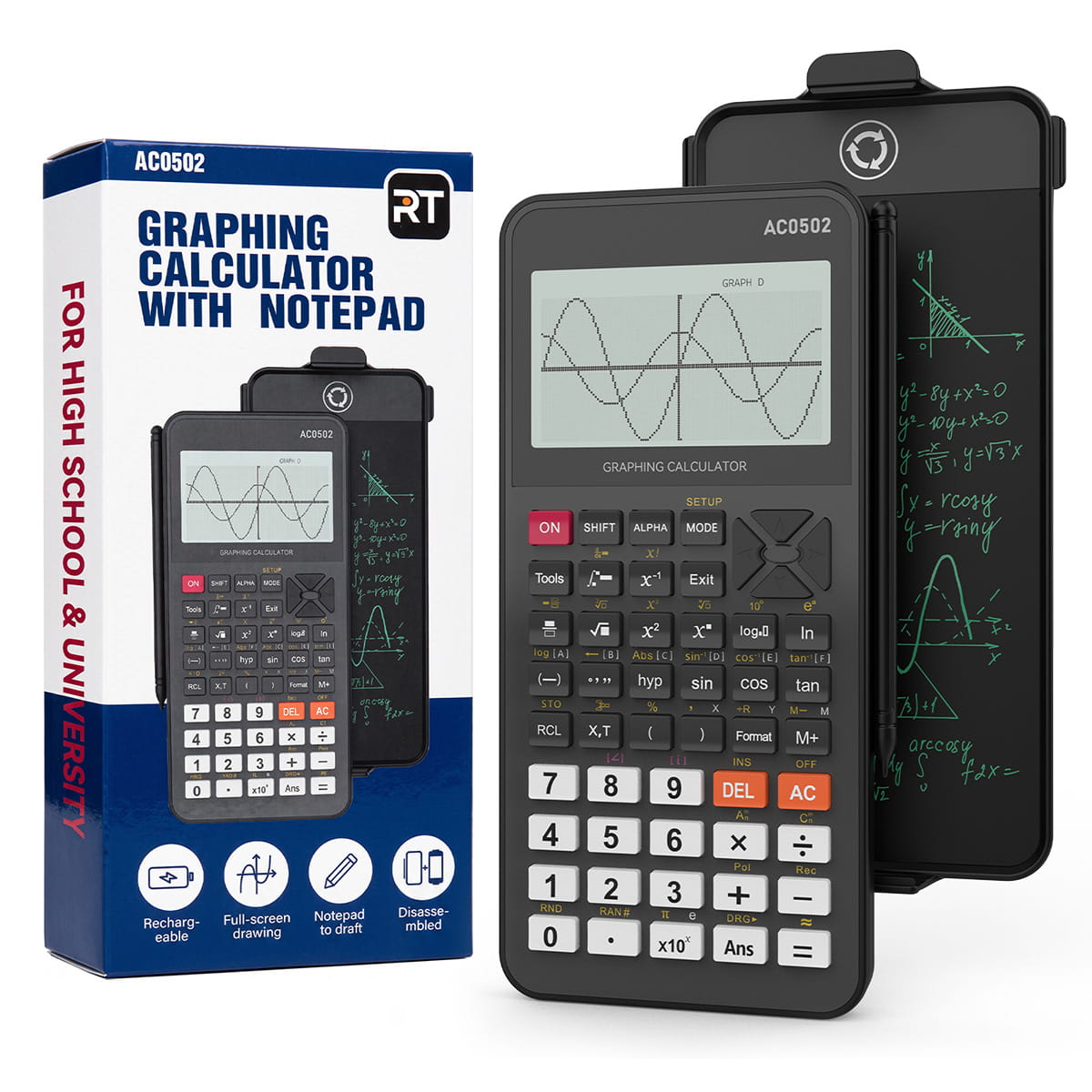 ROATEE Big Screen Rechargeable Graphing Scientific Calculator with Notepad