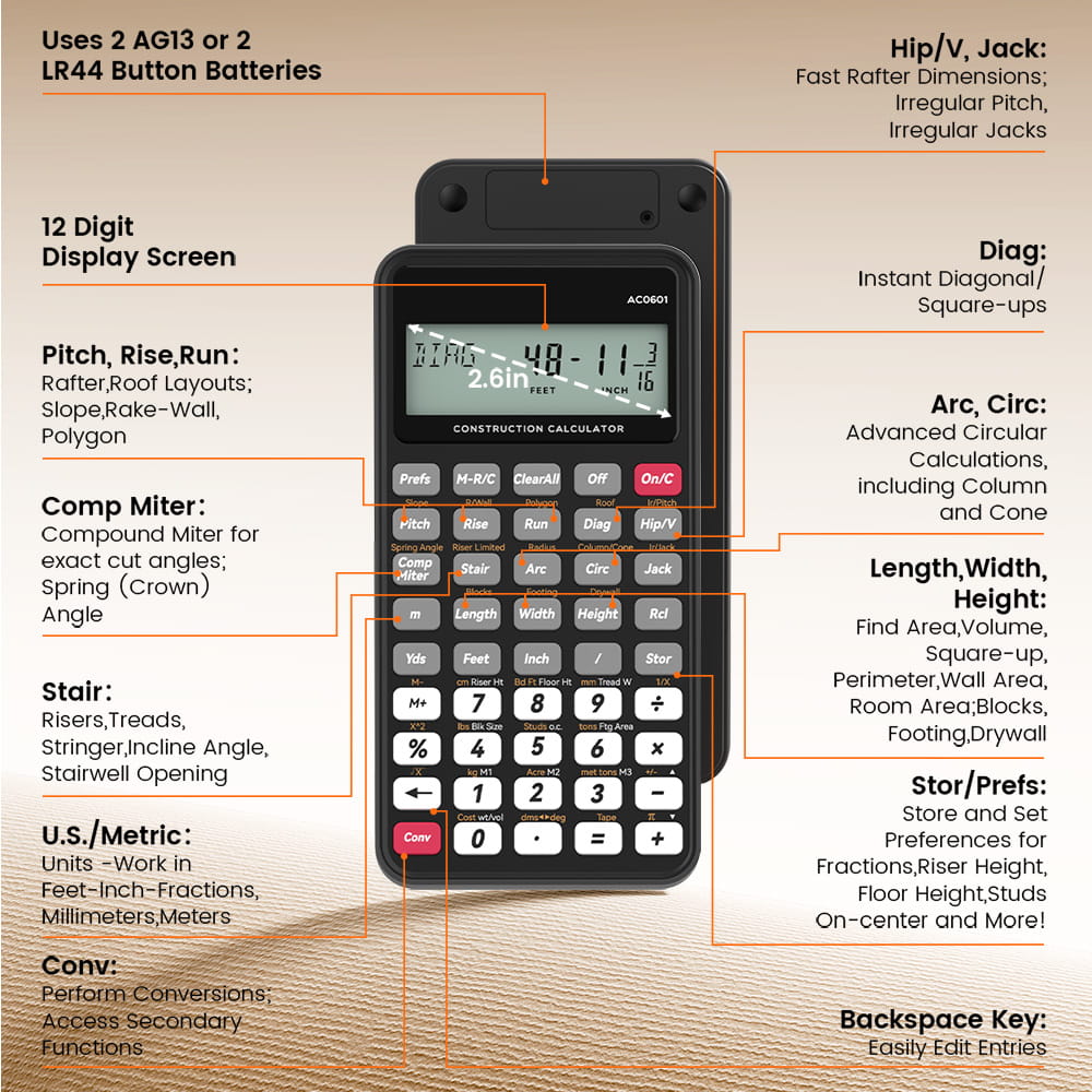 ROATEE Pocket 12 Digits Construction Calculator with Writing Board for Carpenter, Framer, Remodeler