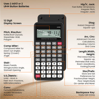 ROATEE Pocket 12 Digits Construction Calculator with Writing Board for Carpenter, Framer, Remodeler